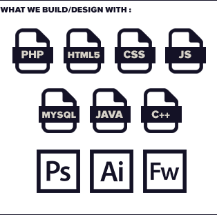 We code with PHP, MySQL, CSS, Javascript, HTML5, JAVA and C++. We use Photoshop, Illustrator and Fireworks for design work, and simple Notepad++ to code.
